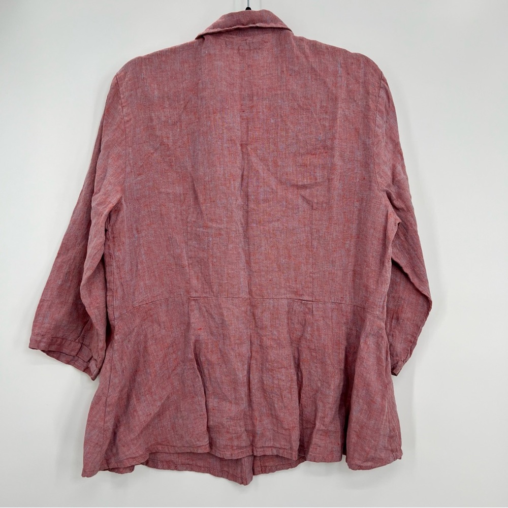 Flax 100% Linen Button Down Peplum Shirt Blouse Top Heathered Pink M Pleated - Picture 5 of 10